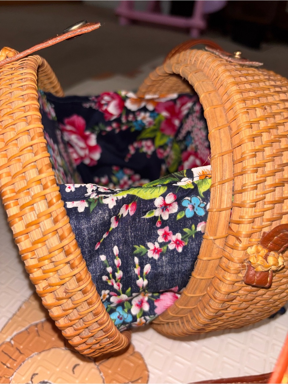 Round Woven Rattan Crossbody Bag - Brown - Picture 5 of 6